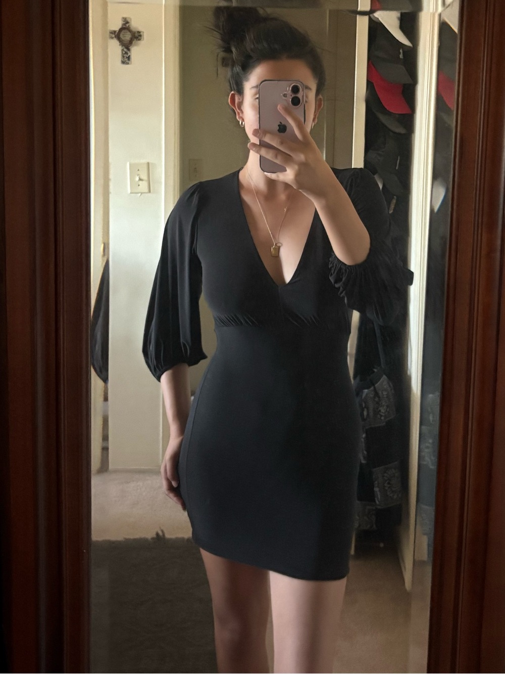 Women's Black Deep V Puff-Sleeve Mini Dress